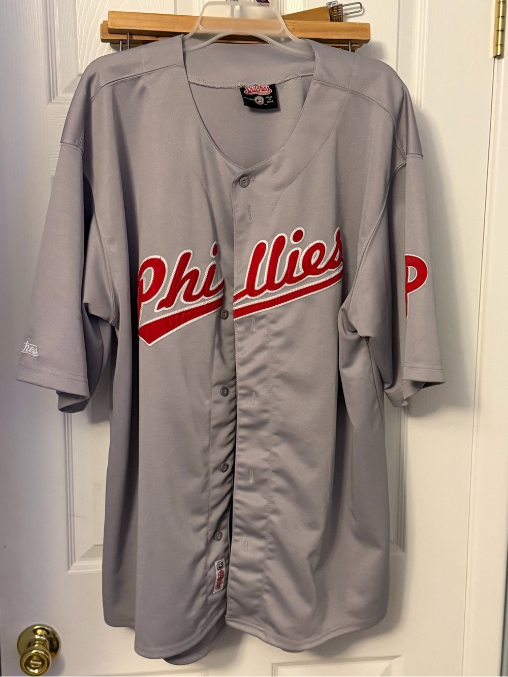 Stitches Gray and Red Phillies-Style Button Jersey